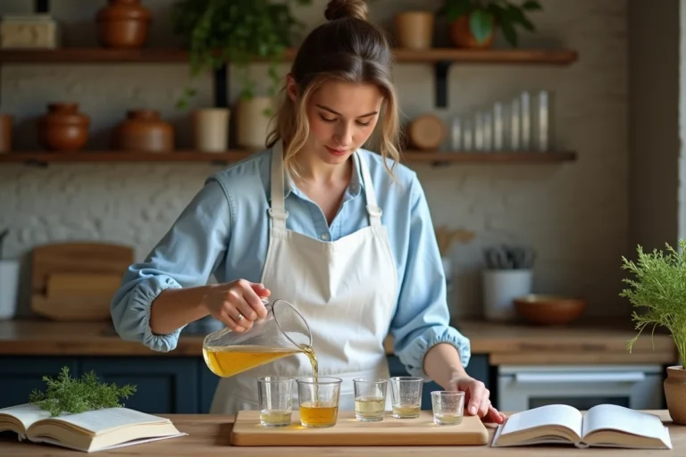 Femme versant du liquide d'un pichet gradué en centilitres sur un plan de travail en bois dans une cuisine de style campagnard français