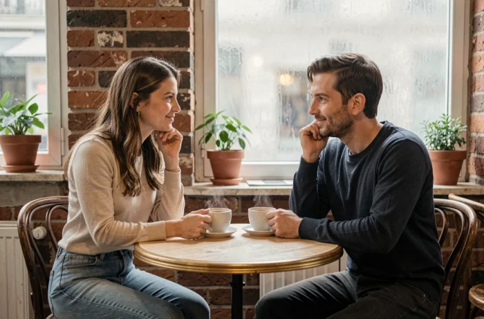 Couple partageant un café dans un bistrot parisien, moment de complicité et de confidences