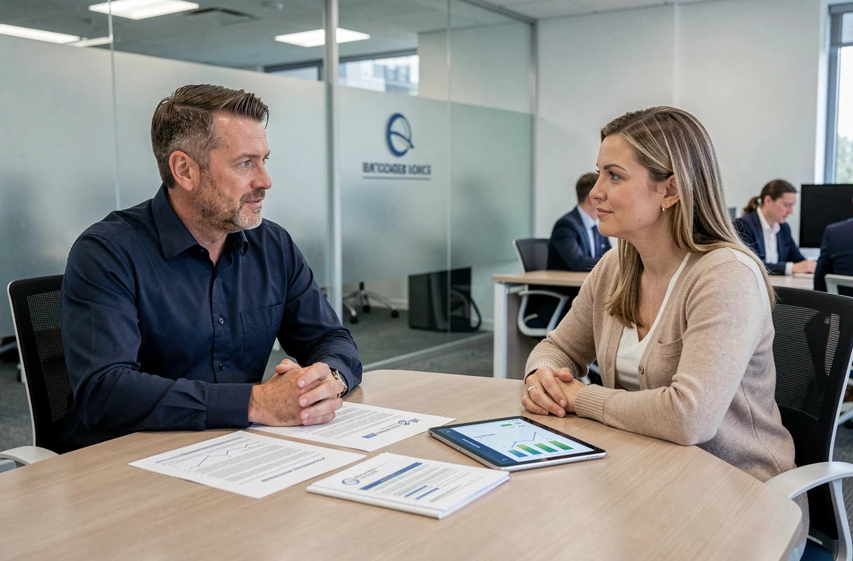 Couple en rendez-vous avec un conseiller bancaire pour un projet de crédit immobilier