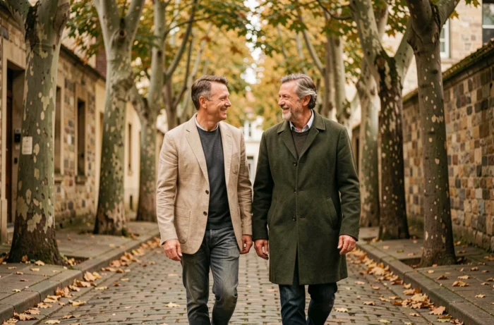 Deux hommes marchant ensemble dans une allée pavée bordée d'arbres en automne, conversation détendue illustrant la complicité et la discrétion d'un couple