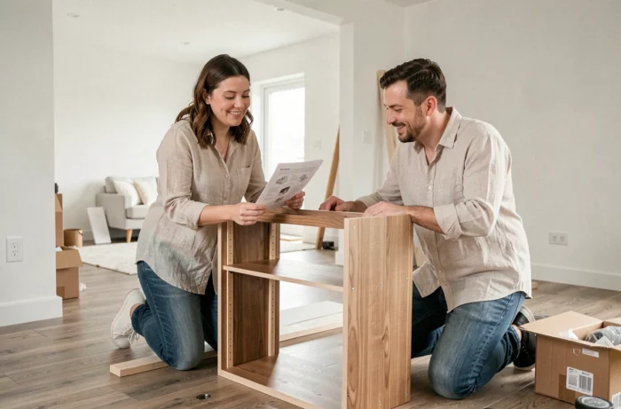 Couple assemblant des étagères en bois dans un salon rénové aux murs blancs et parquet stratifié