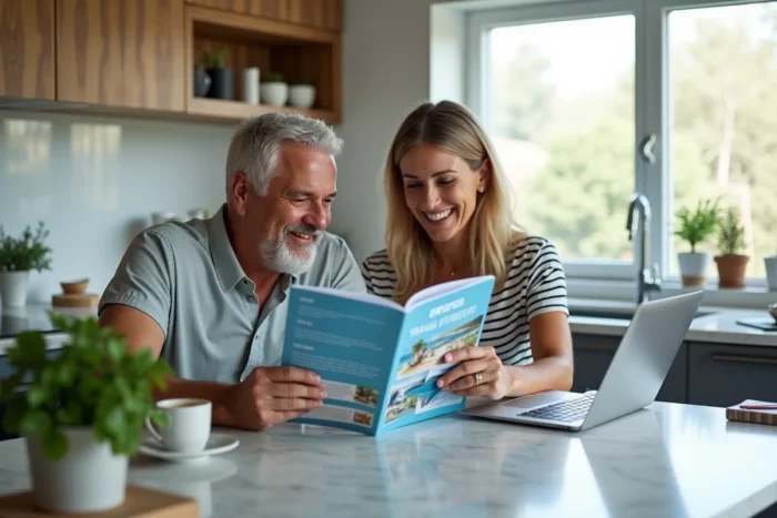 Couple planifiant ses vacances avec le catalogue avantages salariés CCUES Société Générale