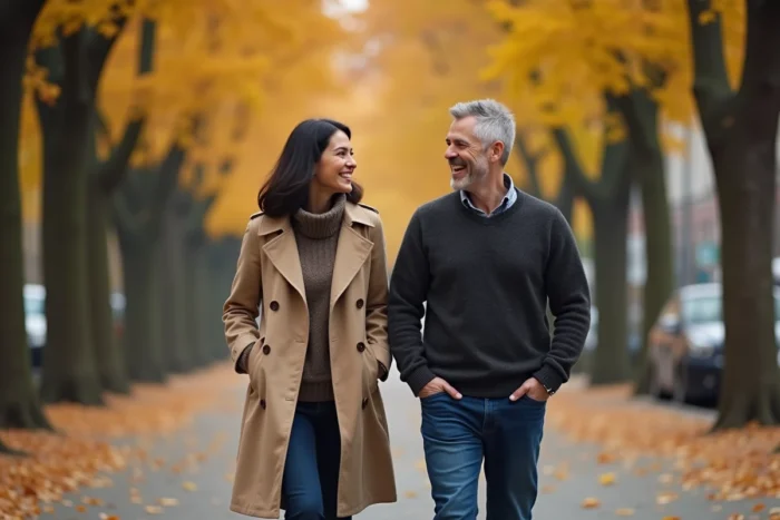 Couple souriant se promenant sur une avenue parisienne en automne, feuilles dorées au sol