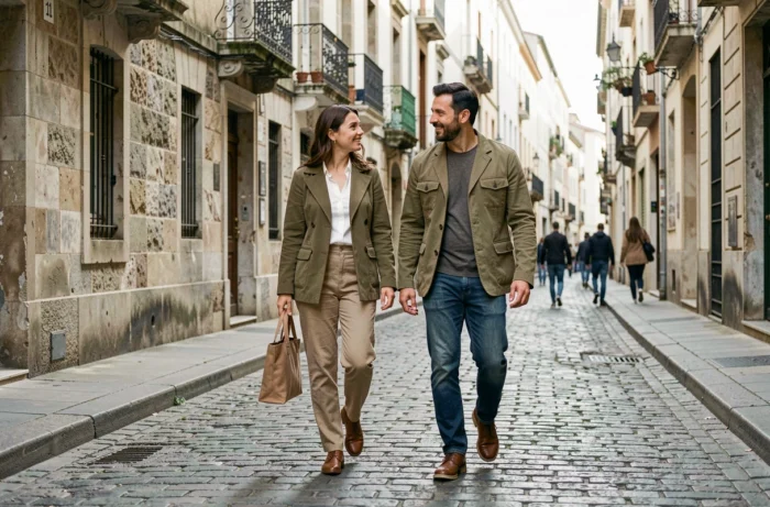 Couple se promenant dans une rue pavée historique, complicité naturelle et vie privée partagée