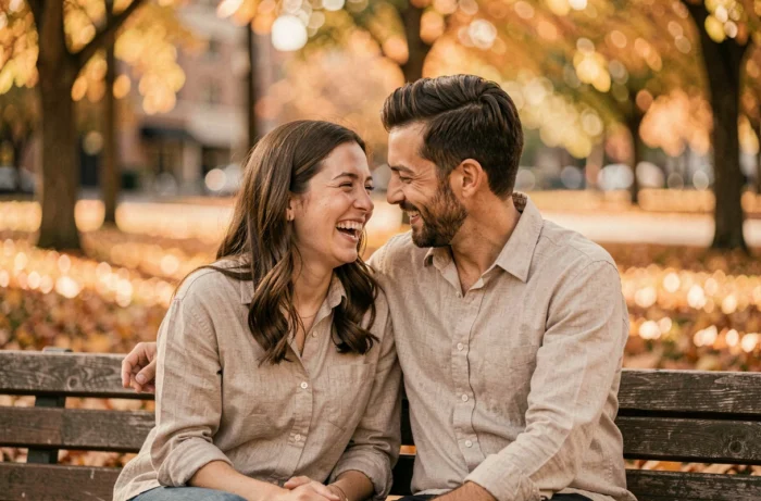 Couple complice assis sur un banc en bois dans un parc en automne, atmosphère chaleureuse et intime