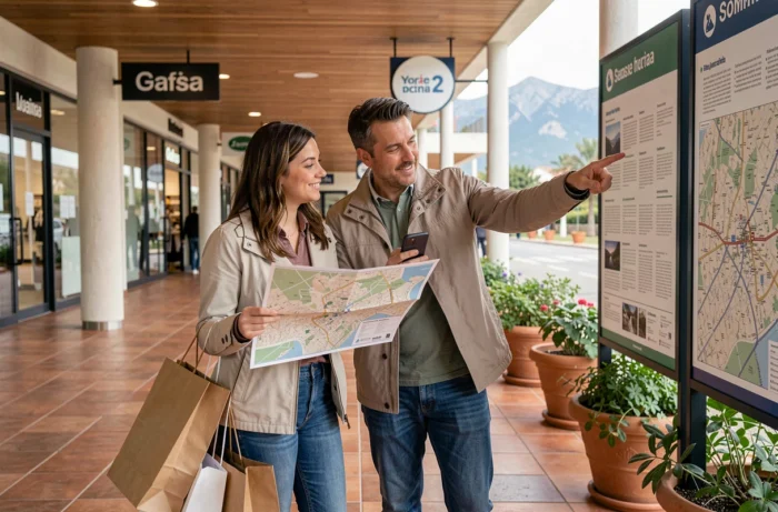Couple consultant un plan du centre commercial à La Jonquera avec des sacs de shopping à la main