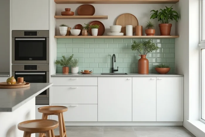Petite cuisine fonctionnelle avec rangements optimisés, îlot central étroit et étagères ouvertes dans une petite maison