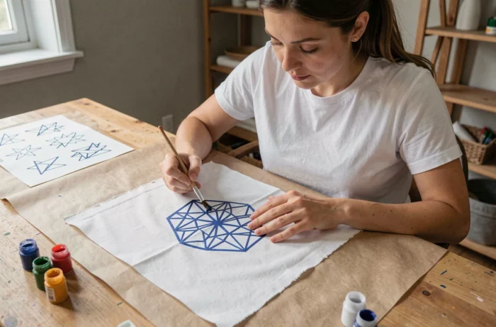 Femme personnalisant un t-shirt blanc avec un pochoir géométrique et de la peinture textile sur une table en bois