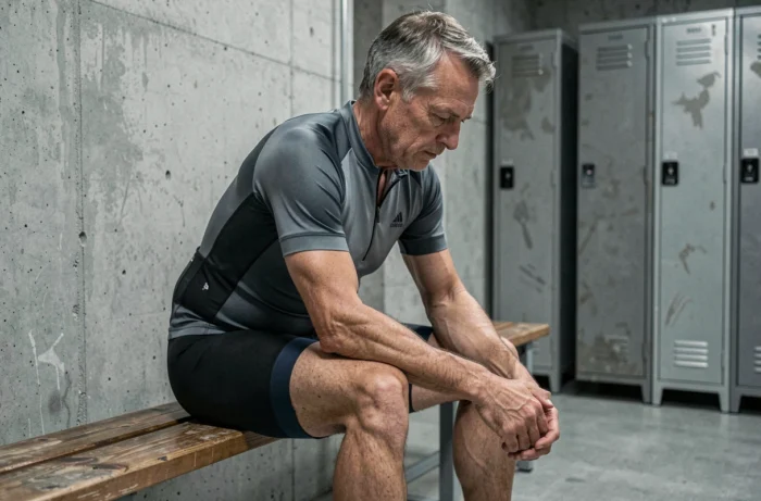 Cycliste professionnel vieillissant assis pensivement dans un vestiaire, évoquant le doute et le possible retour au sport après une longue exclusion