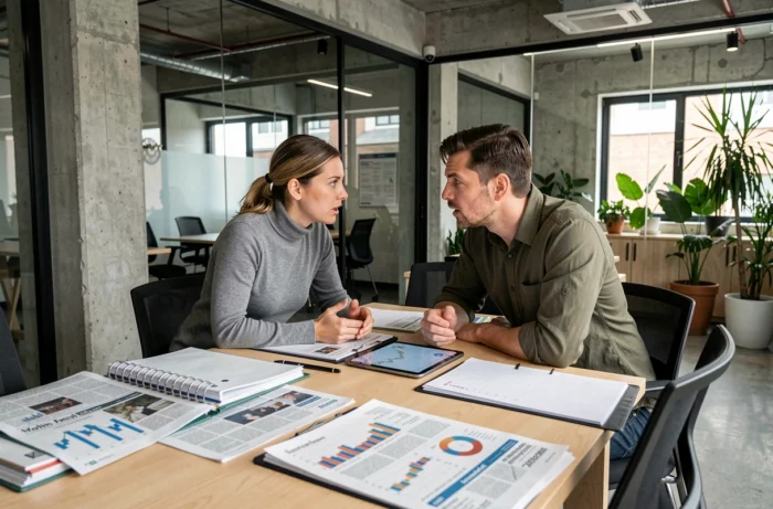 Deux analystes débattant des grands enjeux financiers autour de documents économiques dans un espace de coworking