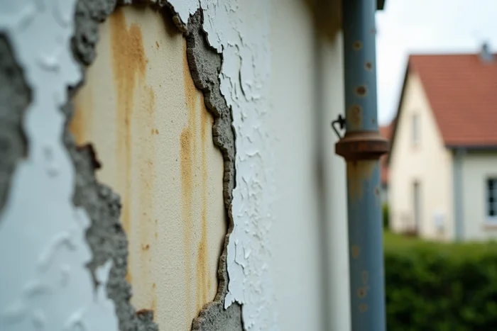 Gros plan sur des fissures et mousses sur une façade abîmée en hiver