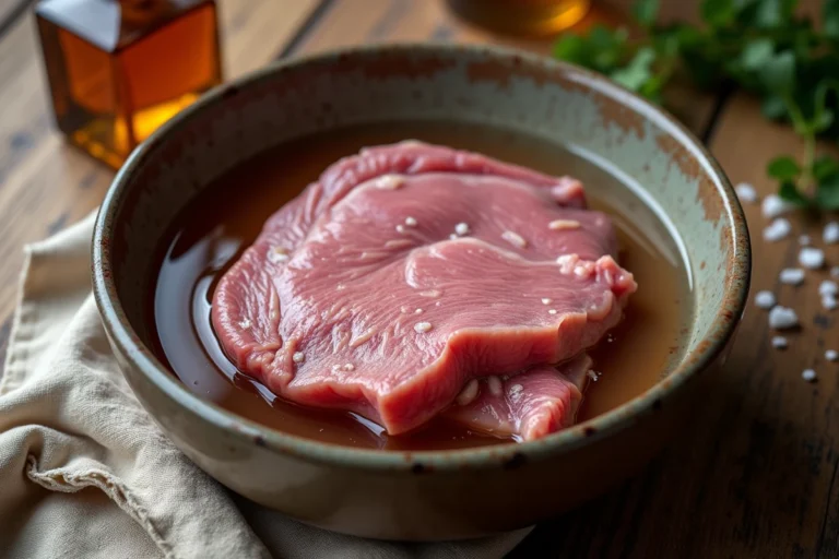 Langue de bœuf entière en train de dégorger dans un saladier en céramique avec de l'eau et du vinaigre blanc sur un plan de travail en bois