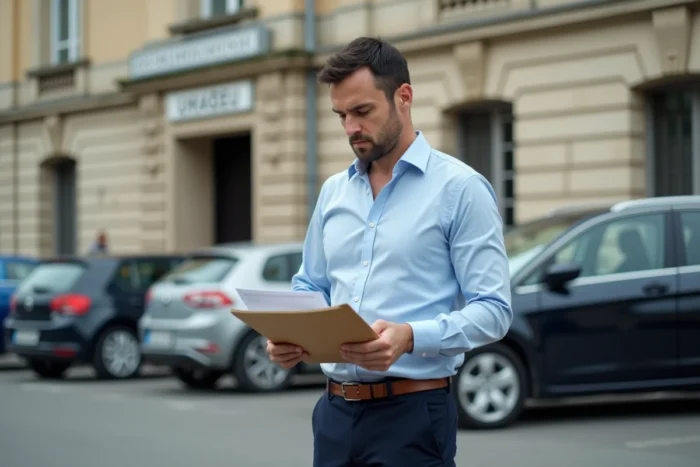 Homme tenant des documents administratifs devant une voiture étrangère dans un parking de centre de contrôle technique en France