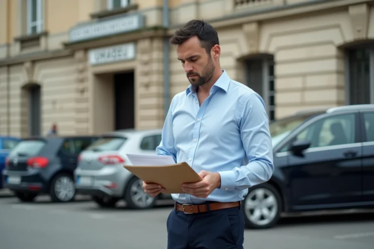 Homme tenant des documents administratifs devant une voiture étrangère dans un parking de centre de contrôle technique en France