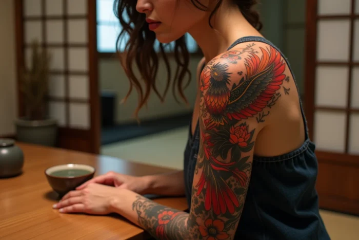 Gros plan d'un tatouage phénix japonais irezumi sur l'épaule d'une femme dans une pièce traditionnelle japonaise