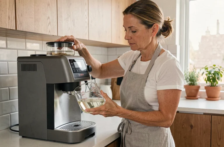 Femme versant du vinaigre blanc dans le réservoir d'une machine Tassimo pour un détartrage naturel