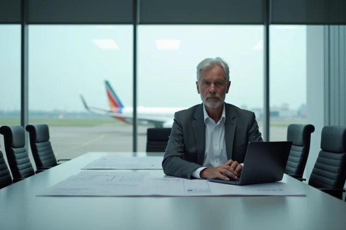 Dirigeant d'entreprise aéronautique assis en salle de réunion avec des plans d'avions et vue sur un tarmac