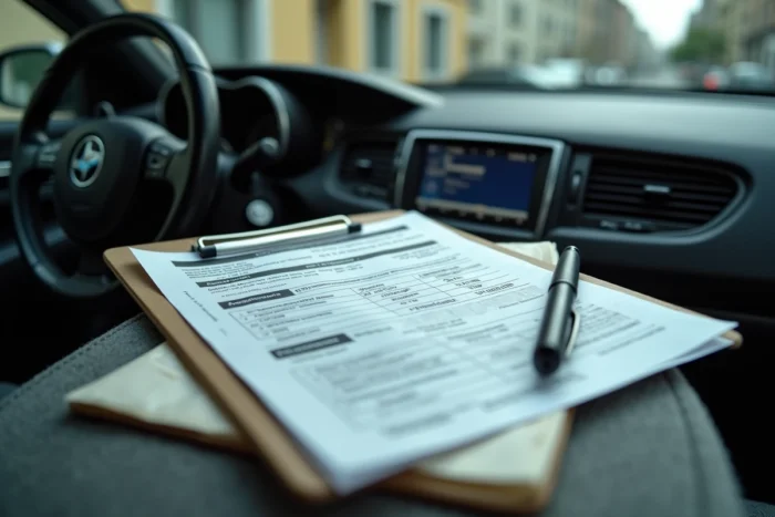 Documents administratifs pour l'immatriculation d'un véhicule étranger en France posés sur le siège passager d'une voiture