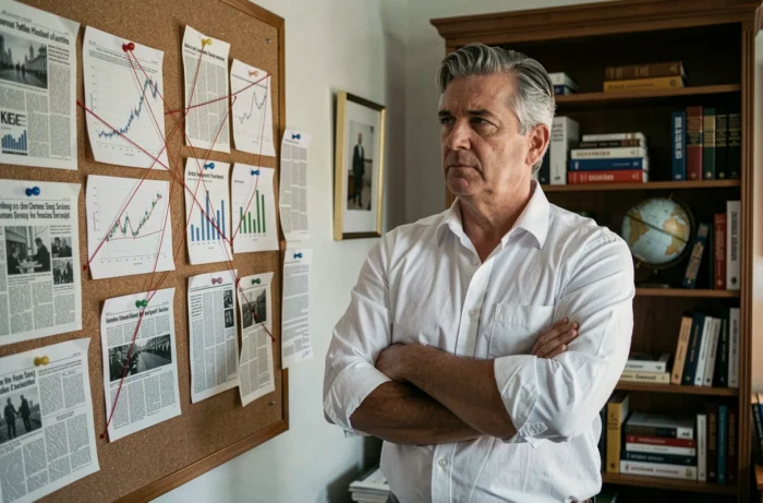 Économiste indépendant menant une analyse critique des enjeux financiers dans un bureau de recherche