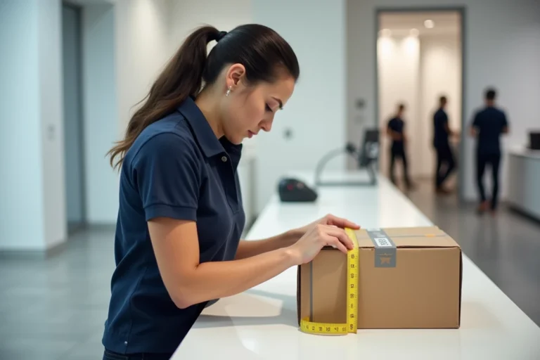 Employée de La Poste mesurant les dimensions d'un colis Colissimo avec un mètre ruban sur un comptoir de bureau de poste