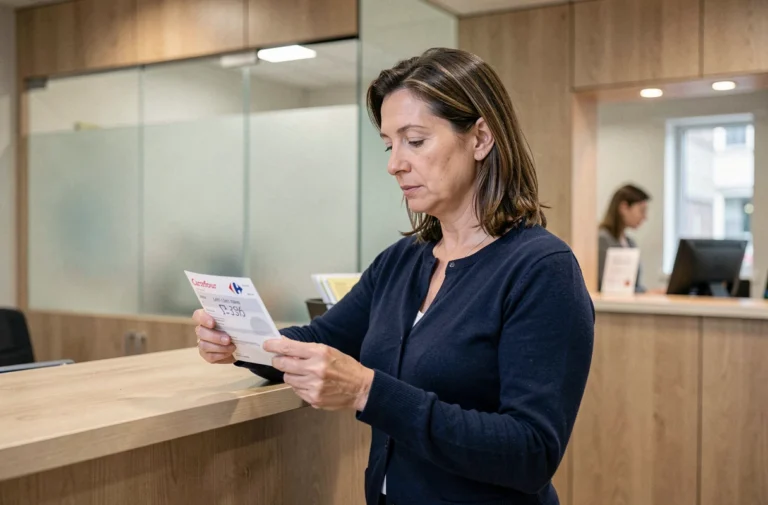Femme tenant un chèque Carrefour au guichet d'une banque pour l'encaisser