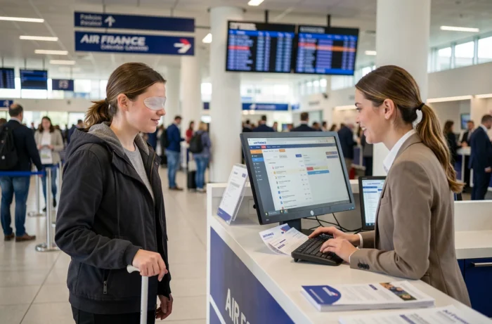 Femme malvoyante avec canne blanche accueillie au comptoir d'enregistrement Air France