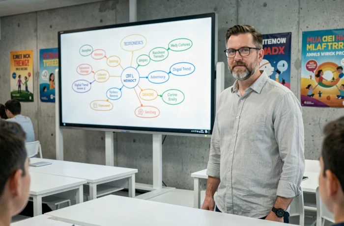 Enseignant présentant des tendances du numérique et de l'éducation sur un tableau blanc interactif en classe