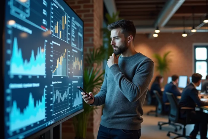 Entrepreneur français analysant des données économiques en temps réel sur un écran numérique dans une startup bordelaise