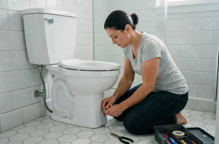 Femme resserrant les boulons à la base d'un toilette avec une clé dans une salle de bain carrelée