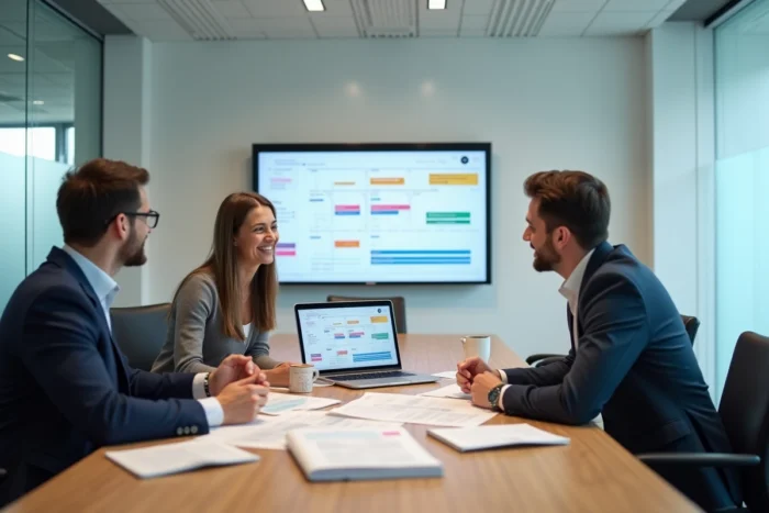 Équipe de professionnels en réunion autour d'un outil de planification et de gestion des ressources humaines en entreprise
