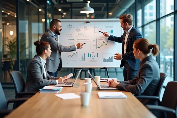 Équipe marketing collaborant autour d'un tableau blanc avec des stratégies de campagne digitale dans une salle de réunion