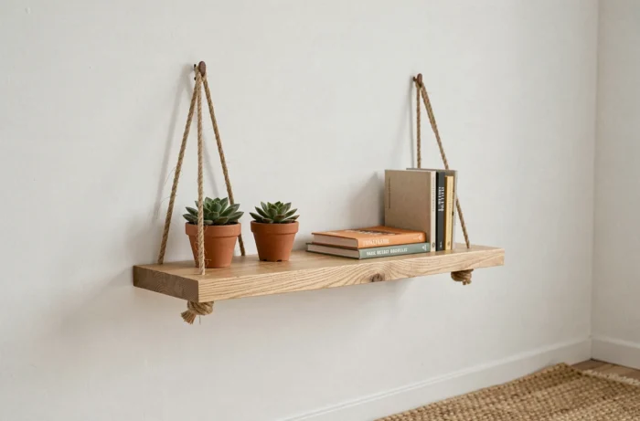 Étagère flottante DIY en chêne naturel suspendue par des cordes en jute avec des plantes succulentes et des livres