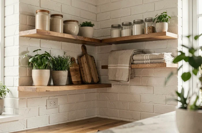 Étagères en bois stylisées sur mur en brique dans une cuisine rénovée, avec herbes aromatiques et céramiques