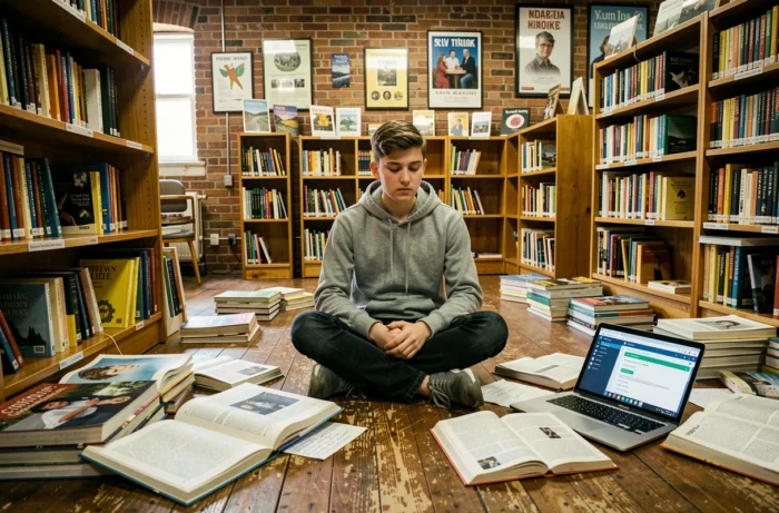 Étudiant adolescent travaillant avec un ordinateur portable et des ressources pédagogiques innovantes dans une bibliothèque scolaire