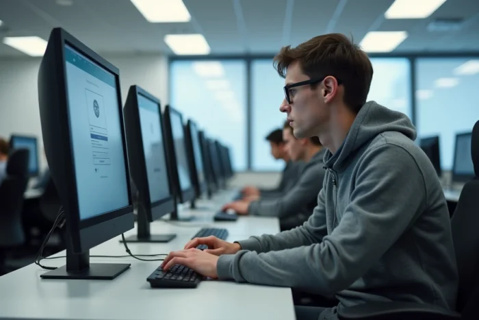 Étudiant masculin utilisant un ordinateur de salle informatique universitaire pour accéder au portail Sesam ICP