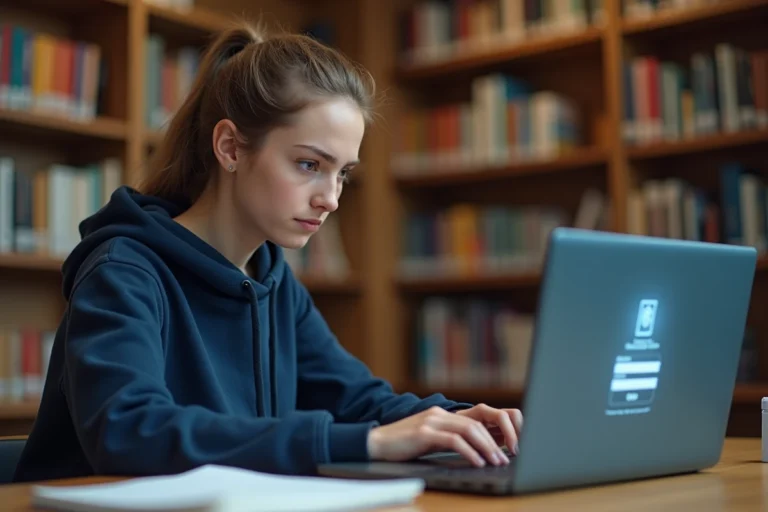 Étudiante connectée au portail universitaire Sesam ICP sur son ordinateur portable en bibliothèque