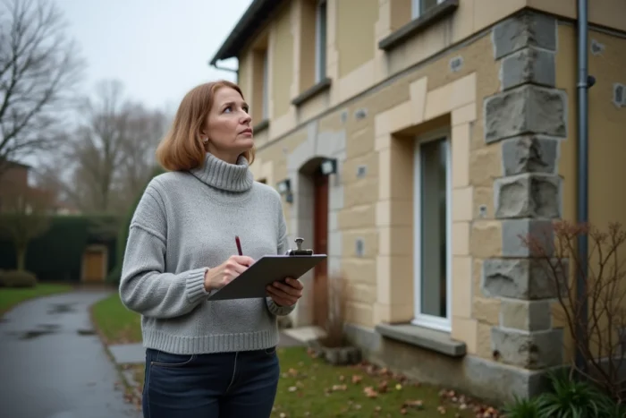 Femme évaluant les dégâts sur la façade d'une maison après un hiver pluvieux