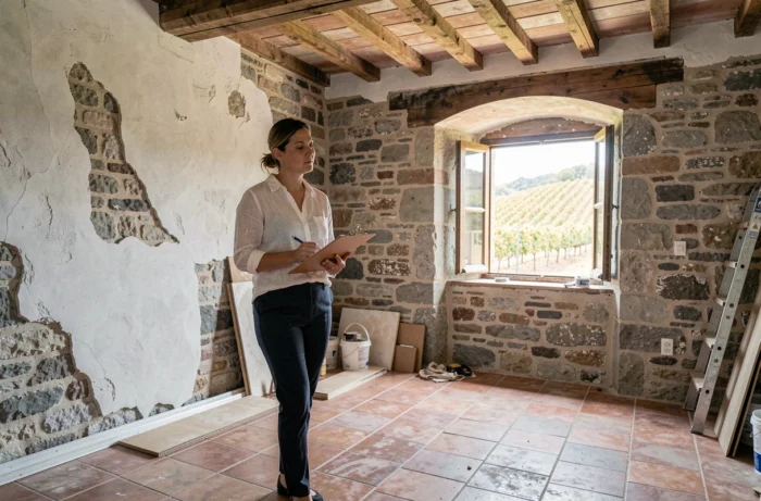 Femme experte évaluant une maison en pierre en cours de rénovation sur les coteaux avec vue sur un vignoble