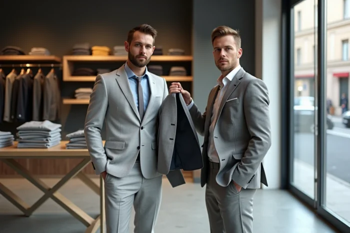 Deux hommes inspectant un costume dans la boutique Father and Sons à Lyon
