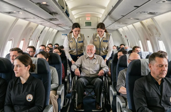 Passager à mobilité réduite accompagné par le personnel de cabine dans l'allée d'un avion Air France