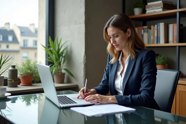 Femme d'affaires française analysant des documents dans un bureau moderne à Paris, tendances économiques