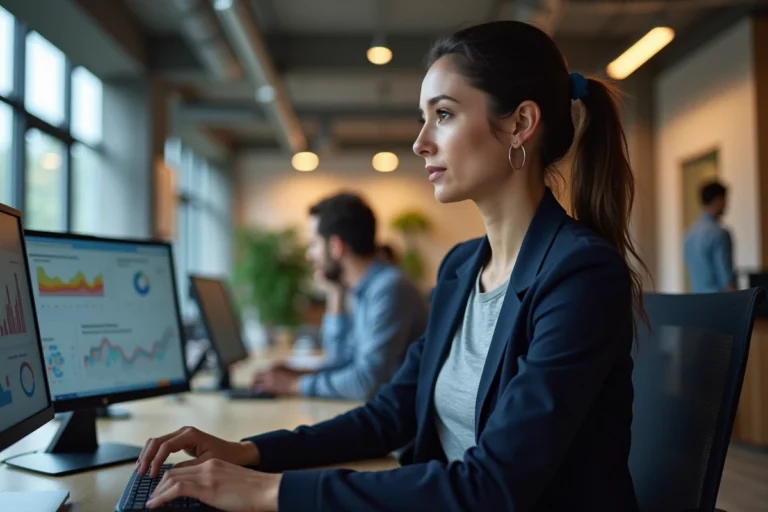 Femme professionnelle analysant des tableaux de bord de marketing digital sur deux écrans dans un bureau moderne