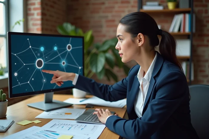 Femme professionnelle analysant une stratégie de netlinking sur un écran avec graphe de réseau dans un bureau moderne