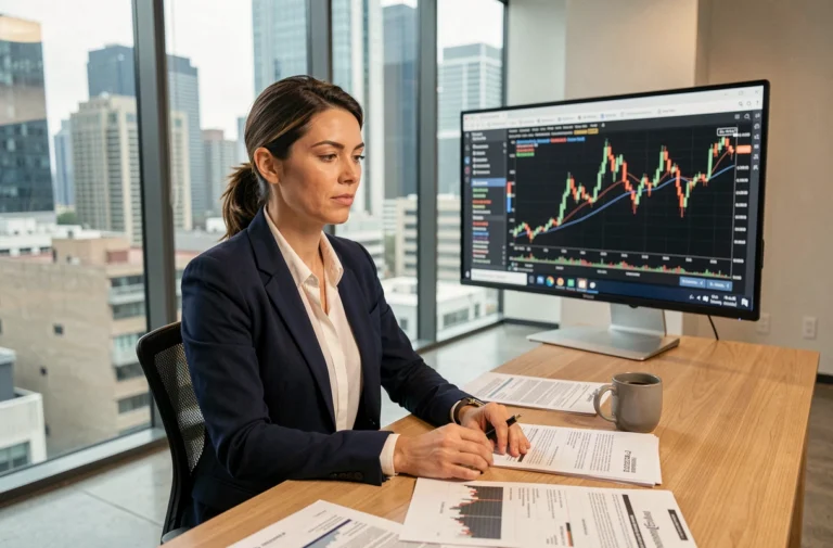 Femme cadre analysant des graphiques financiers sur un écran d'ordinateur dans un bureau moderne avec vue sur la ville