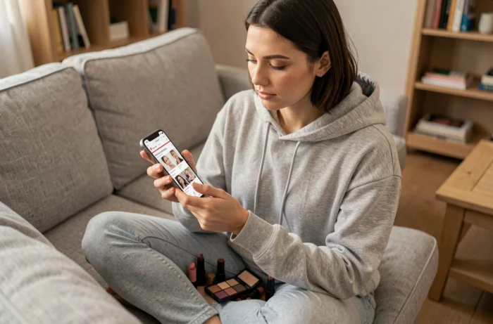 Femme consultant des avis de maquillage pas cher sur son smartphone depuis son canapé avec des produits ouverts