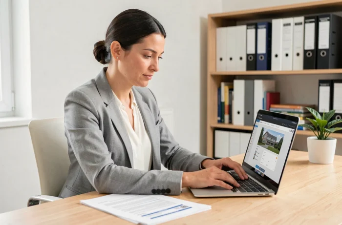 Femme consultant une plateforme de crédit immobilier en ligne depuis son bureau à domicile