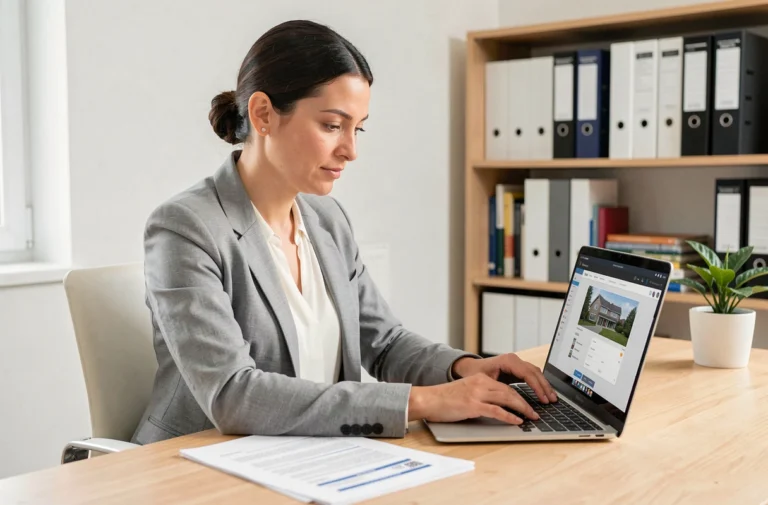 Femme consultant une plateforme de crédit immobilier en ligne depuis son bureau à domicile
