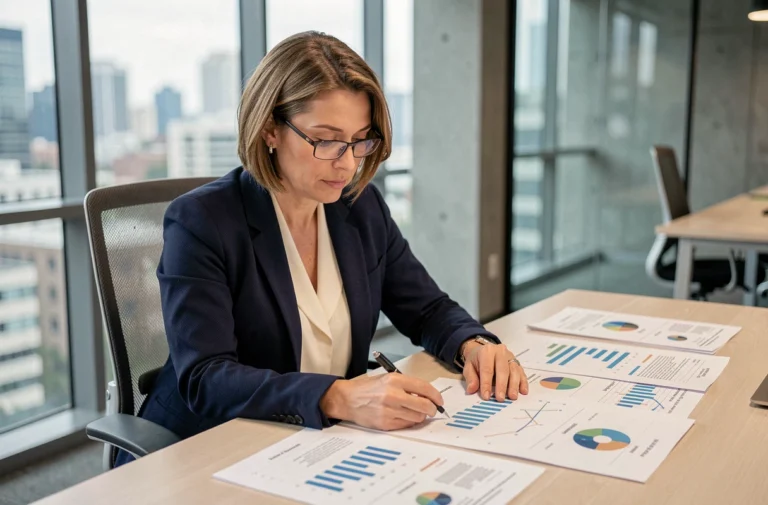 Femme cadre analysant des graphiques de tendances de marché dans un bureau moderne en ville