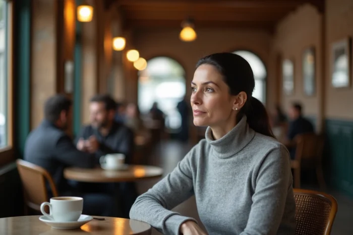 Femme brune pensive assise dans un café parisien, ambiance bistrot authentique et feutrée