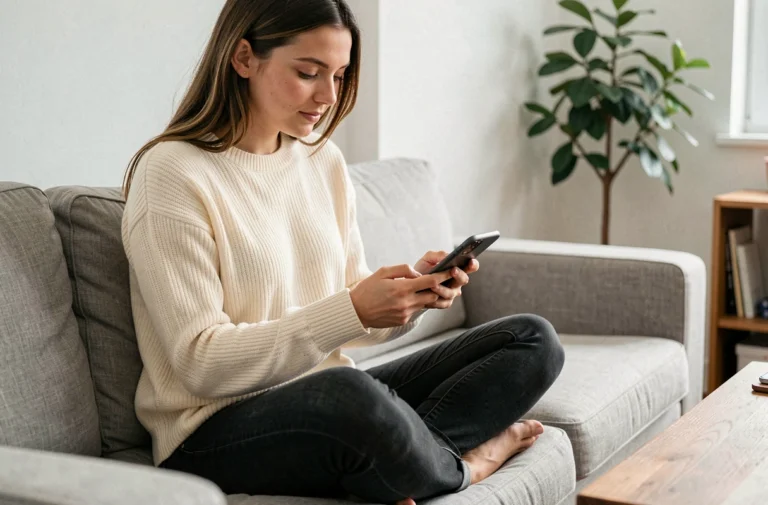 Jeune femme utilisant un code promo Zalando sur son smartphone depuis son canapé